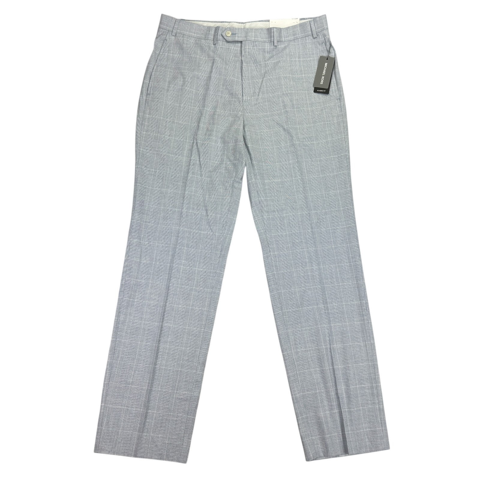Michael Kors Mens Marvin Classic Fit Plaid Stretch Dress Pants White Blue 35x32